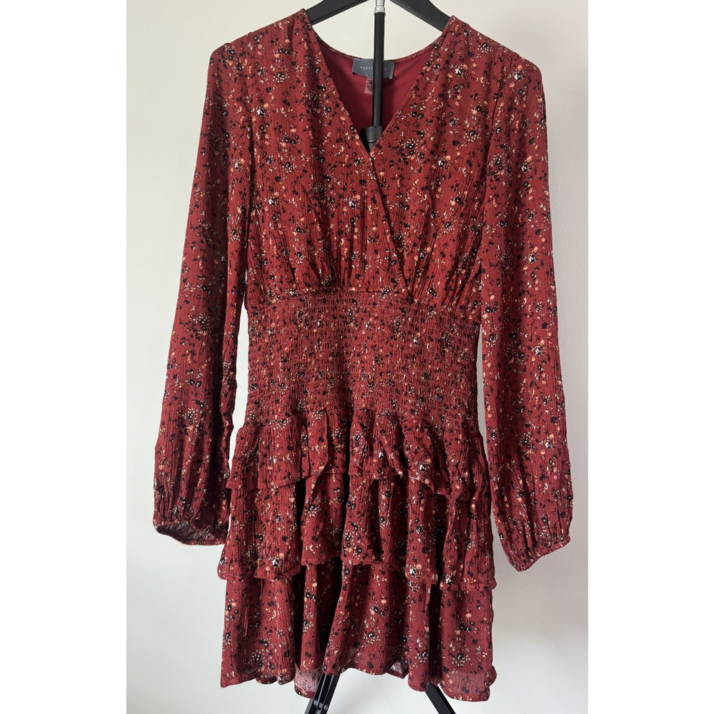 Hudson Gray Boho Rust Floral Smocked Ruffle Fairycore Long Sleeve Mini Dress S
